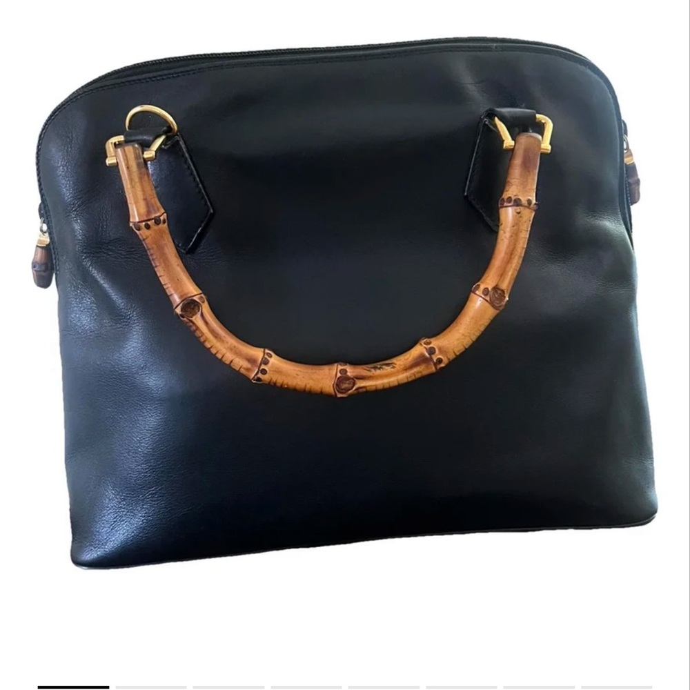 Vintage Gucci Black Leather Shoulder Bag with Bamboo Accent